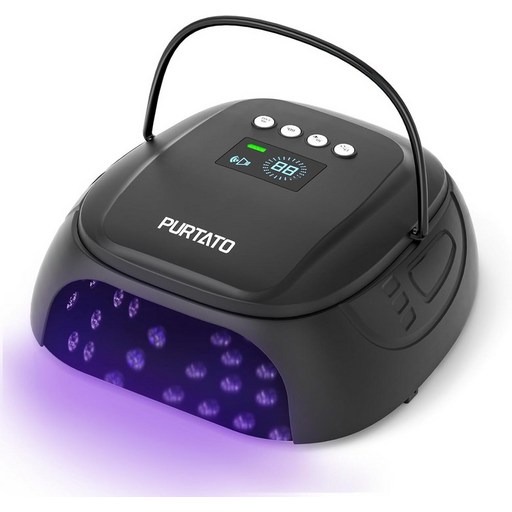 넓은 공간 손잡이 및 발 받침대가 있는 Purtato 126W 무선 충전식 UV LED 네일 램프 살롱 가정용 4 타이머가 고속 경화 젤 드라이어매트 블랙