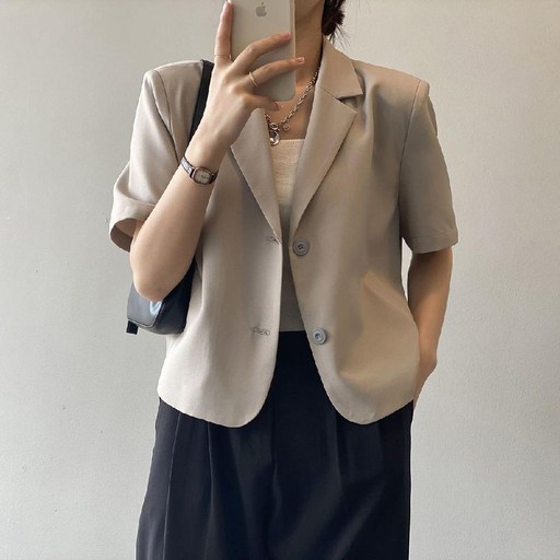 여성 캐주얼 자켓 루즈핏 여름 투버튼 린넨 데일리 봄 간절기 정장룩 린넨혼방 크롭 반팔