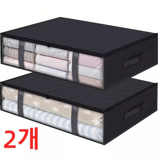 대용량 이불 정리함 옷 보관함 투명창 리빙박스 패브릭 옷장 정리, 2개, 블랙