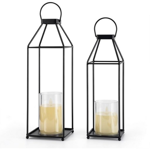 랜턴 장식 야외 2PCS 거실 블랙 메탈 앞 현관 LED 양초 실내 야외용 유리 없음 소형 및 대형