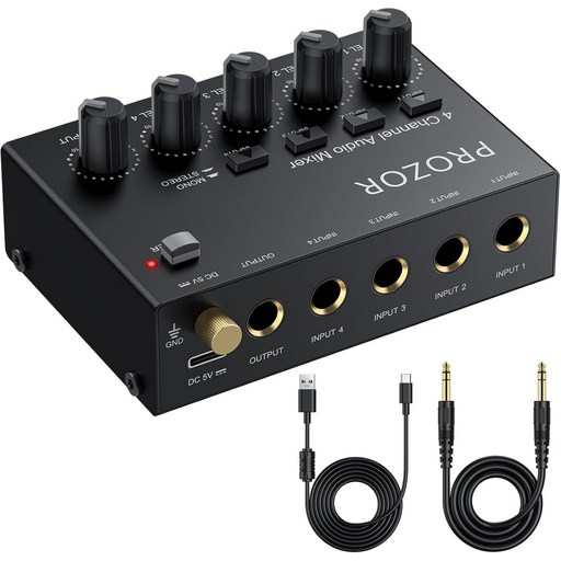 PROZOR 미니 오디오 믹서 4채널 라인 - 볼륨 제어 및 스테레오 모노 스위치가 있는 USB-C 전원 서브 기타 베이스 키보드 녹음 스트리밍용 컴팩트 저소음
