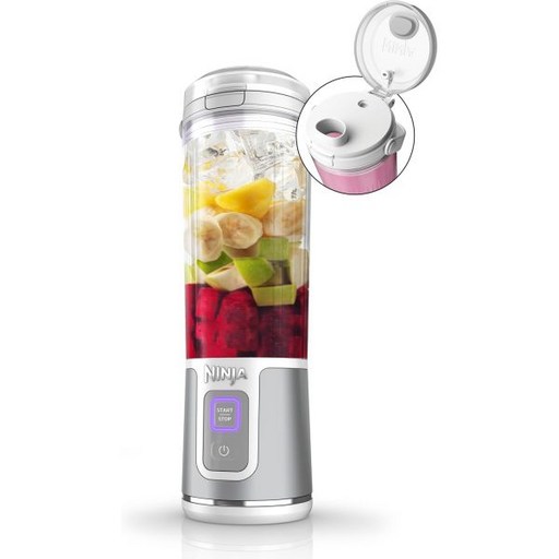 닌자 블라스트 식기세척기 스무디용 USB-C 18온스. 및 뚜껑 BPA 흔들림 Spout 프리 용기 무선 방지 BC151BM 블렌더 개인 휴대용 충전식 메탈릭 안전 블루 Sip